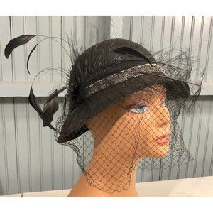 Fedoria Black Laced VTG Dress Feathered Church Womens Cap Hat 56cm